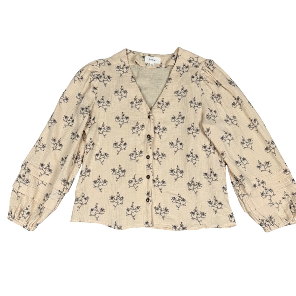 bohme Floral Gauze Button Up Top Tan Cream XS Boho Cottagecore Puff Sleeve